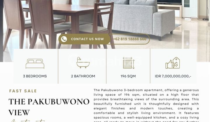FAST SALE: The Pakubuwono View, 3BR 196sqm, HARGA TERMURAH, High floor, Nicely furnished