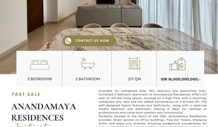 Anandamaya Residences, 3Br 217Sqm, Tower 1, Best Price Guaranteed, Jual Cepat, Unblocking View