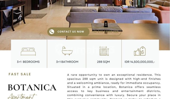 HOT DEAL: Botanica apartment, 3+1BR 288sqm, POOL/SCBD VIEW, LOWEST PRICE HOT DEAL: Botanica apartment, 3+1BR 288sqm, POOL/SCBD VIEW, LOWEST PRICE