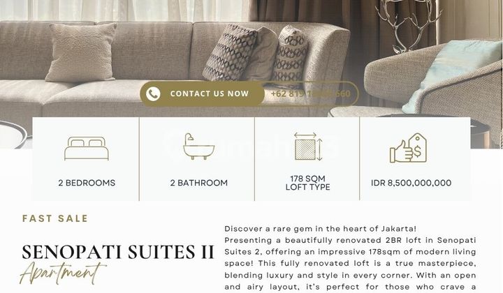 Senopati Suites, 2BR loft type, 178sqm, Fully renovated, facing SUDIRMAN Senopati Suites, 2BR loft type, 178sqm, Fully renovated, facing SUDIRMAN