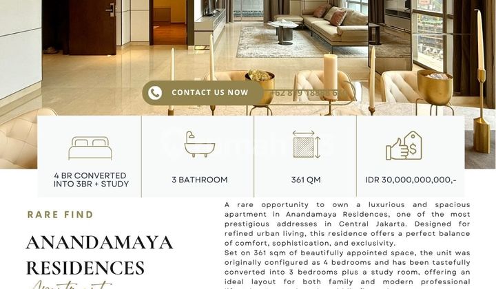 Anandamaya Residences, Tower 1, 361Sqm, High Ceiling And Rare Unit, Nicely Furnished, Best Price Guaranteed! Also Avail 2-4Br Tower 1/2/3 For Sale! 1