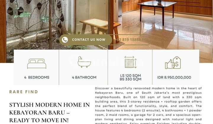 Fully Renovated House Ready to Move In, Kebayoran Baru, Jakarta Selatan, BEST PRICE guaranteed! Pls contact Clara-Abie property for more information and private showings!