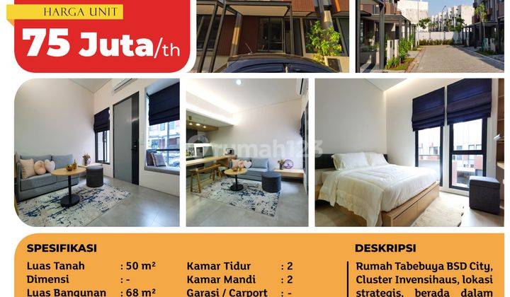 Sewa Rumah Tabebuya Bsd City, Cluster Invensihaus, Tangerang, 50 M², 2 Lt, HGB 2