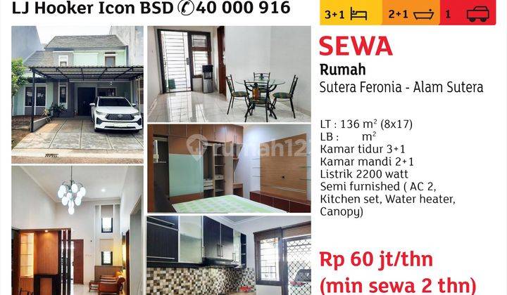 Disewakan Rumah Furnish, di Alam Sutera, Cluster Feronia 2