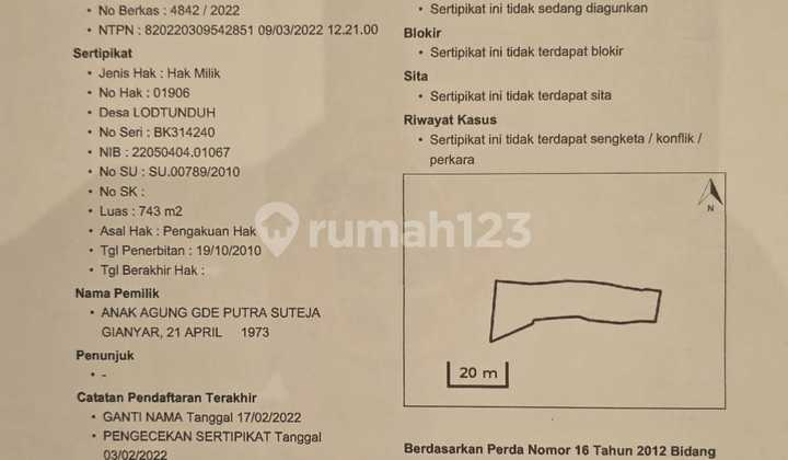 For Sale Large 743 M2 Land In Banjar Gelogor, Lodtunduh, Ubud