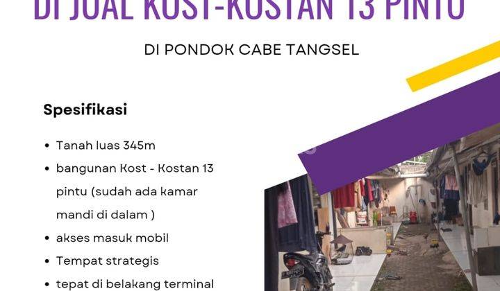 Dijual cepat dan murah rumah kontrakan 13 pintu full penyewa, luas tanah 345M, daerah wilayah Pondok Cabe belakang terminal pondok cabe tangerang selatan, harga 1 Miliyar nego dwi 1