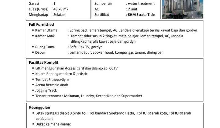 Sky Terrace, Daan Mogot, Kalideres, Jakbar..Dijual Apartemen Furnished Lantai 5, Hadap Selatan, Bagus, PLN 2200W, SHM Strata Title.-3R_1 2