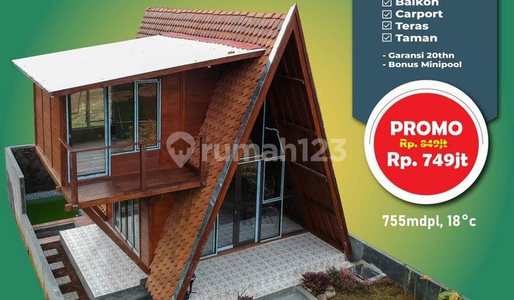 Rumah villa kayu vintage baru di Puncak Bogor, jaminan kualitas kayu 20tahun. Sudah SHM, IMB. Fasilitas kolam renang dan kolam ikan pribadi tiap. Cluster one gate system. Lokasi dekat jalan alternatif ke Taman Safari Bogor.Tersedia taman dan sungai kecil  2