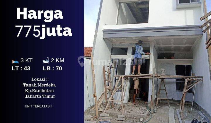 Cluster rumah  2 lantai SHM, 3 KT, 2KM di Tanah merdeka Kampung Rambutan  Jakarta Timur. Desain modern bisa custom, lingkungan asri. Strategis dekat ke sekolah,mini market, RS Adhyaksa Ceger Cipayung, apotik,  pintu tol JORR  dan Jagorawi 1