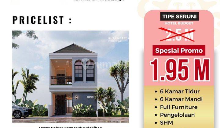 Potensi Income Lebih Dari  Rp200juta/ Tahun. Investasi Dengan Roi 15% - 20% Per Tahun. Hotel Budget Syariah Di Jalan Raya Pusat Kota Bogor, 2 Km Ke Tol Yasmin, 2,5 Km Ke Stasiun Bogor. Dekat Pusat Belanja, Rumah Sakit, Tempat Wisata, Perkantoran Dll. 2