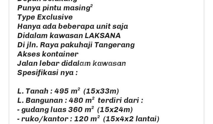 Gudang + Ruko Baru di Laksana Pakuhaji Tangerang, Luas 480m  6