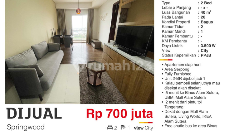 dijual Apartemen 2 BR Springwood Area Serpong Tangerang Bagus Full Furnished Siap Huni Sel 2