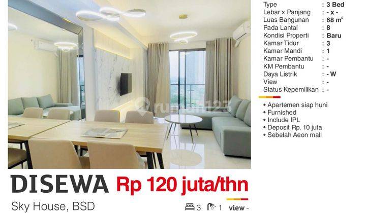 Disewa Apartemen Sky House Bsd Baru 3 BR Furnished Siap Huni Sebelah Aeon Mall Sudah Include Ipl 1