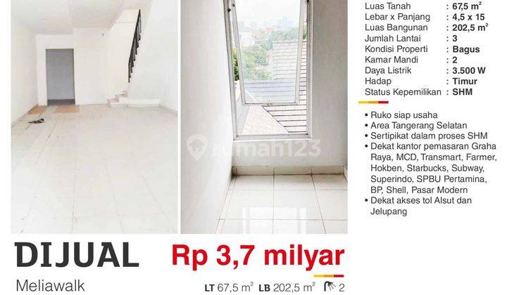 Dijual Ruko 3 Lantai Meliawalk Graha Raya Tangerang Selatan SHM Dekat Mc Donald, Hoka Bento, Supermarket , Pom Bensin , Transmart, Dsb, Pintu Toll Jelupang Dan Alsut  2