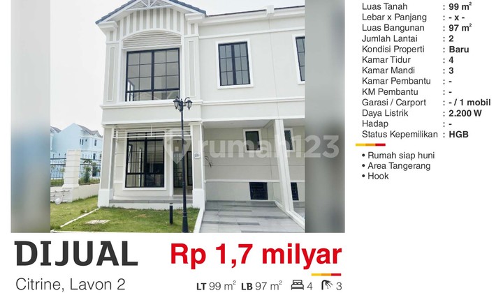 For Sale 2-Story Lavon 2 House, Citrine Tangerang, Ready to Live In, Excellent HGB.