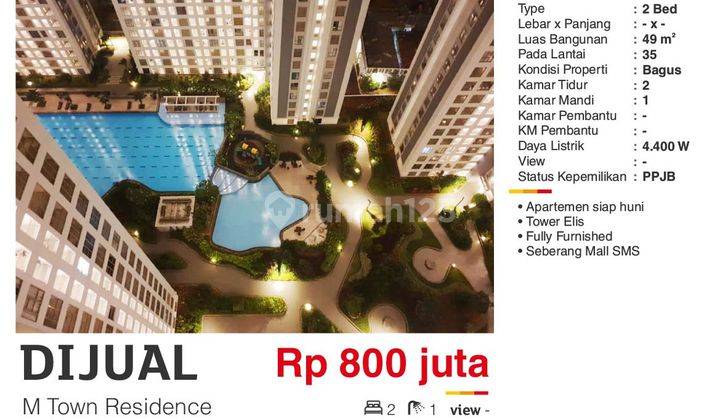 Dijual Apartemen 2 BR M-Town Residence Gading Serpong Tangerang  Bagus Siap Huni Full Furnished  Sereang mall SMS  1