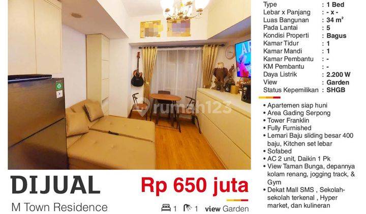 Dijual Apartemen 1 BR M Town Residence Gading Serpong Tangerang Bagus Full Furnished Siap Huni  Deapan Mall Sms dan Hypermarket  1