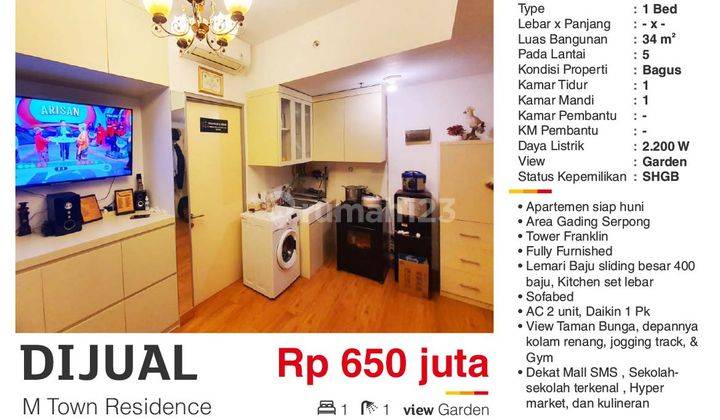 Dijual Apartemen 1 BR M Town Residence Gading Serpong Tangerang Bagus Full Furnished Siap Huni  Deapan Mall Sms dan Hypermarket  2