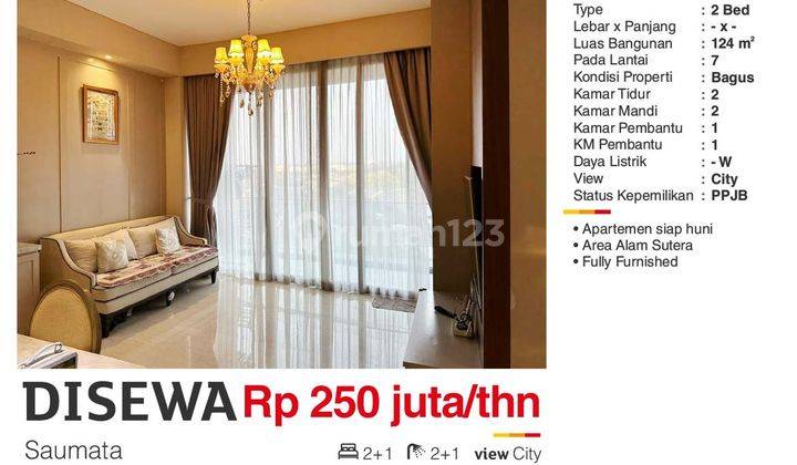 Disewa Apartemen Saumata 2 Br Alam Sutera Tangerang Baru Full Furnished Siap Huni  2