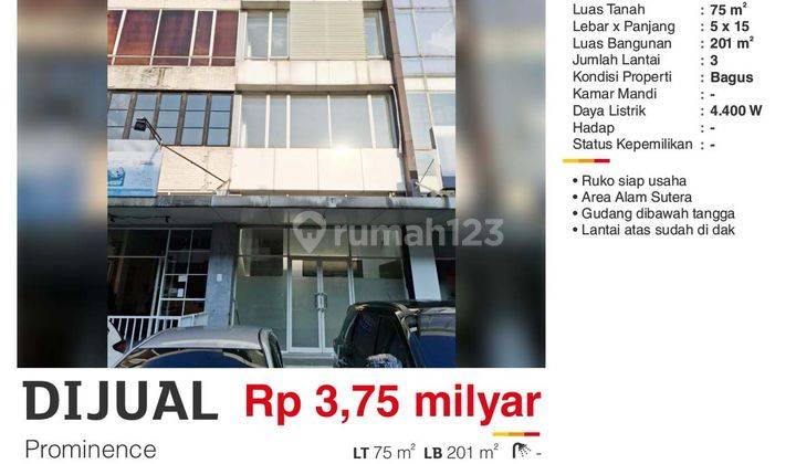 Dijual Ruko Murah 3 Lantai Prominence Alam Sutera Tangerang Bagus Siap Pakai Usaha Latai Atas Dag , Gudang Bawah Tangga Vel 2