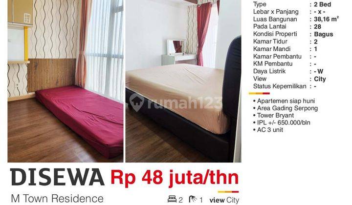 Di Sewa Apartemen 2 BR M Town Gading Serpong Tangerang Bagus Siap Huni Dekat Mall Sms Dan Sekolah Furnished  2