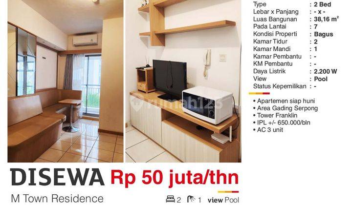 Di Sewa Apartemen M Town Gading Serpong Tangerang 2 BR Bagus Siap Huni Full Furnished  2