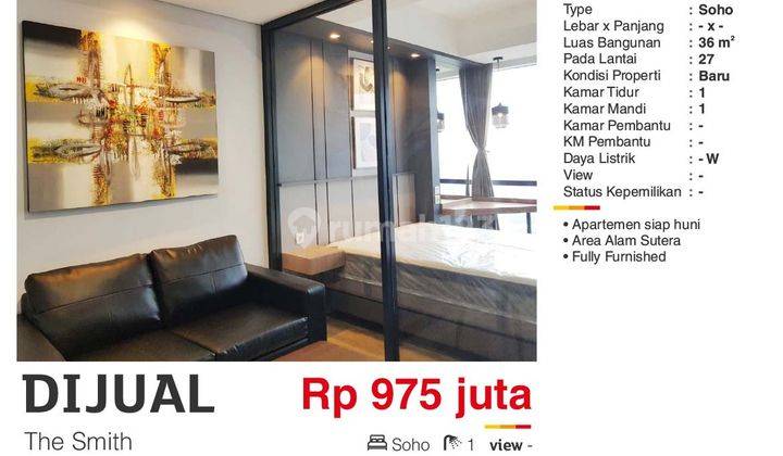 Dijual Apartemen The Smith Type Soho Alam Sutera Tangerang Bagus Siap Huni Full Furnished Lal  2