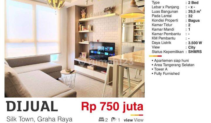 Dijual Apartemen 2 BR Silk Town Alexandria Tower Graha Raya Tangerang Selatan Bagus Full Furnished Siap Huni  2