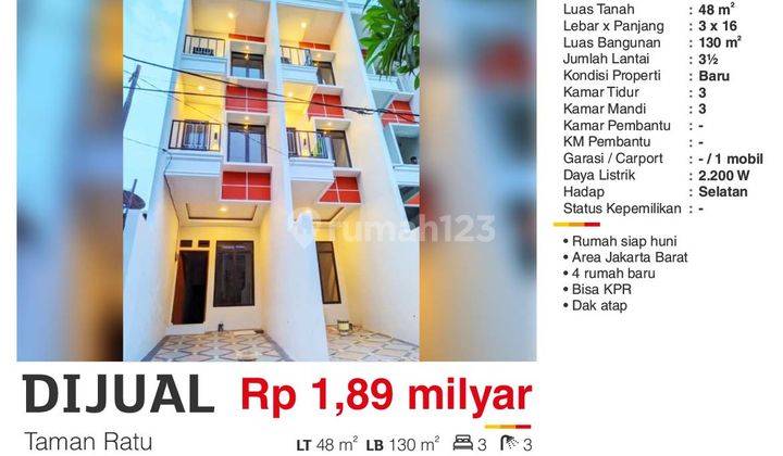 Dijual Rumah 3 Lantai Taman Ratu Jakarta Barat Bagus Baru Siap Huni Ada 4 Unit Rei 2