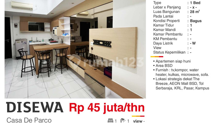 For Rent Casa Deparco Apartment 1 BR BSD City Fully Furnished Good Ready to Occupy Well For Rent Casa Deparco Apartment 1 BR BSD City Fully Furnished Good Ready to Occupy Well