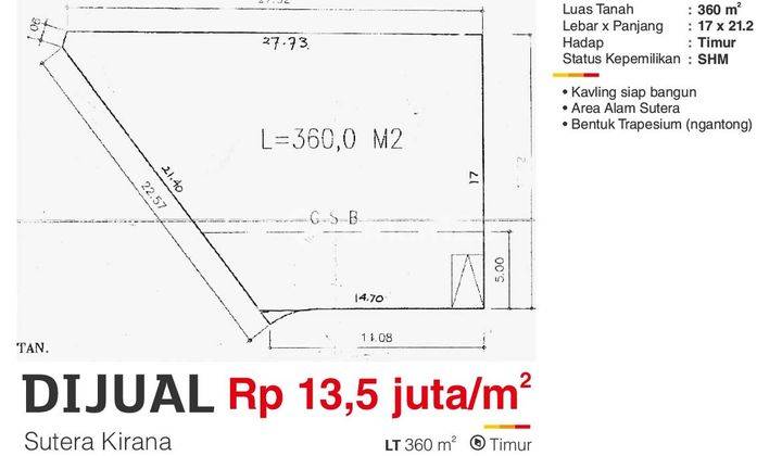 Dijual Tanah Kavling 360 M2 di Cluster Sutera Kirana Alam Sutera Tangerang Siap Bangun  1