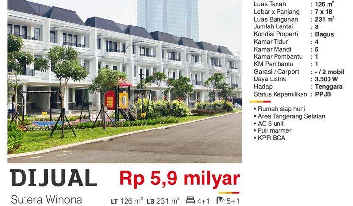 Dijual Rumah 3 Baru Lantai Sutera Winona Alam Sutera Tangerang Bagsu Siap Huni  2