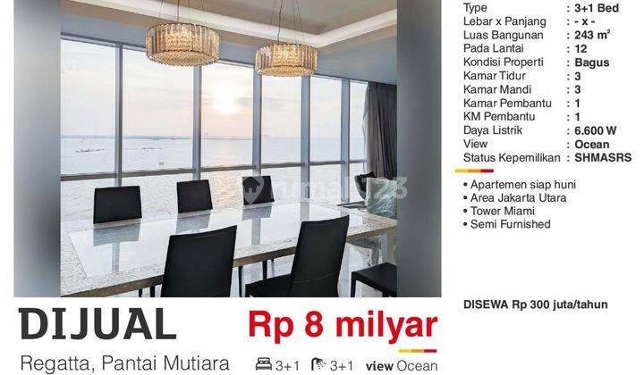 Dijual Atau Di Sewa Apartemen 3 BR Reggata, Pantai Mutiara Jakarta Utara Bagus Siap Huni , Shmrs Semi Furnished  2