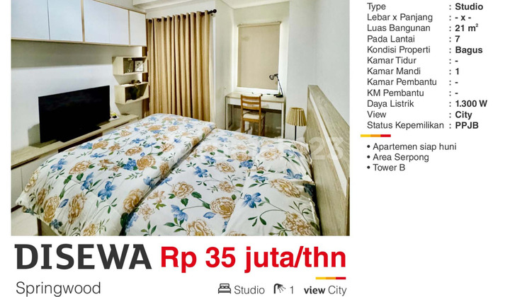 Disewakan Apartemen Type Studio Springwood Dekat Gading Serpong Furnished Siap Huni Hend 2