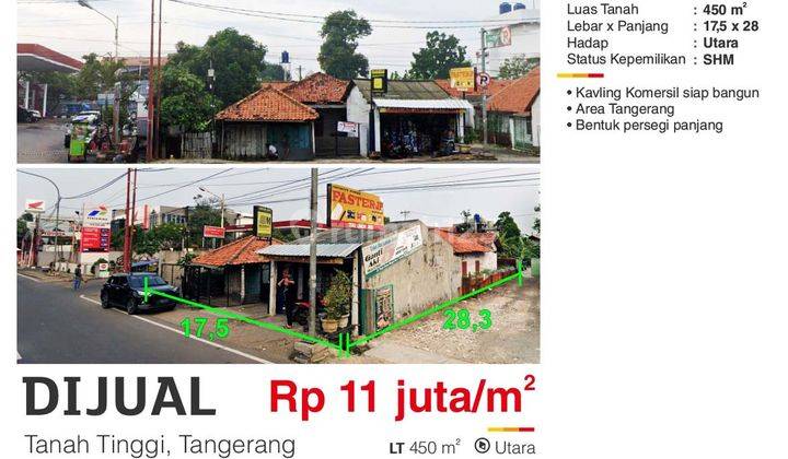 Dijual tanah 450 m 2 di jalan Utama Tanah Tinggi Tangerang bentuk persegi Panjang  Hadap Utara SHM 2