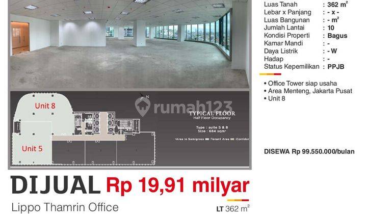 Dijual Atau Disewa Ruang Usaha Perkantoran 322 M2 Lippo Thamrin Office Menteng Jakarta Pusat Siap Usaha  2