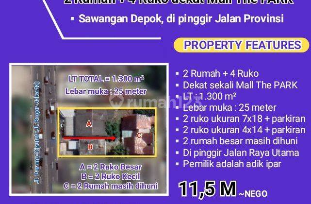 Tanah 1300 M2 + 4 Ruko+2 Rumah Dekat Mall The Park Jalan Provinsi 1