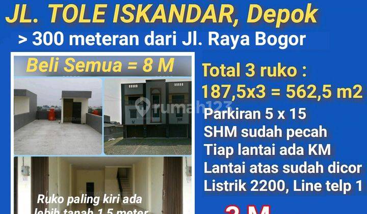 Murah! Ruko 3 lt Gandeng 3 Jl. Tole Iskandar. 100m Jl. Raya Bogor 1