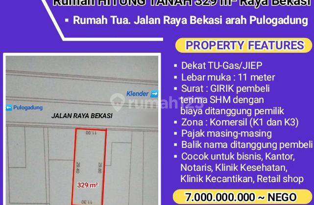 Rumah tua HITUNG TANAH 329m² Raya Bekasi Dekat TUGas/JIEP PGadung 1