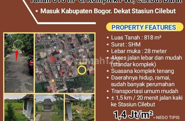 Tanah 818m2 Komplek Pwi Cilebut Shm, Jalan Lebar. 1,5 Km Stasiun 1