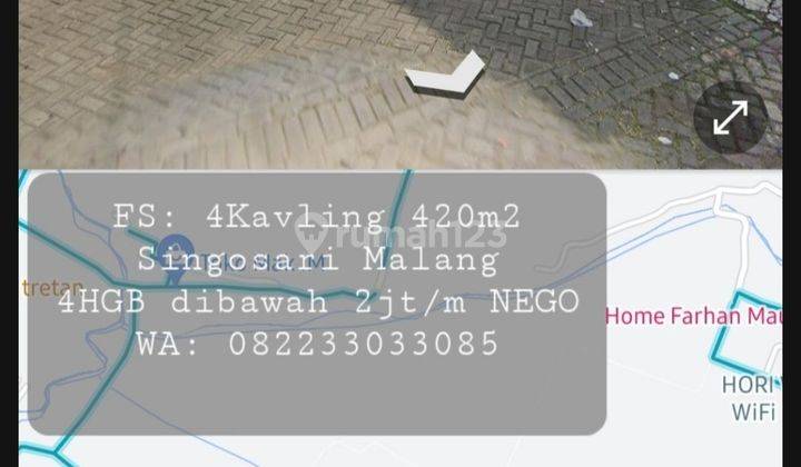 TERMURAH 4 Kavling TOTAL 420m2 @Singosari Malang, cocok unt Gudang/Villa (View Gunung Rinjani & Gunung Bromo); JUAL 878jt / SEWA 25jt perthn.