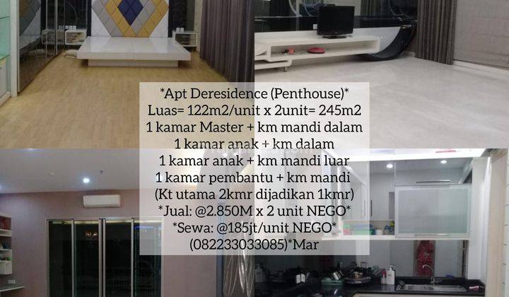 RENT: De RESIDENCE TOWER D Waterplace Pakuwon Indah, FURNISH, Ready 2unit (@185jt × 2thn) bs NEGO (DIJUAL @2.85M/unit NEGO Luas @122m2 x 2unit) 1