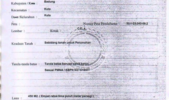 Tanah di Jalan Dewi Sri dekat sunset road 450 m² SHM 4