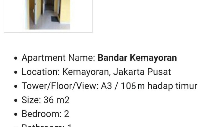 Dijual Rusunami Bandar Kemayoran 2 Br Tower A3 Lantai 10 Unfurnish 1