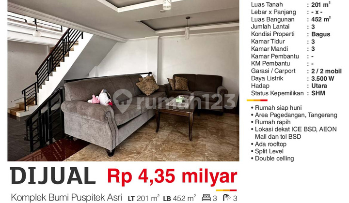 Rumah 3 Lantai Di Perumahan Bumi Puspitek Asri, Tangerang Area 2