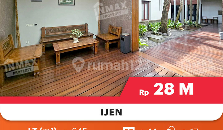 Active Guest House Strategic Location on Jl. Tgp Ijen Malangspecifications: Land Area: 645 m²Building Area: 715 m²Levels: 3Bedrooms: 14Bathrooms: 17Electricity: 33,000 WattWater: PDAMCarport: 6Facing: NorthPrice: 28 Billion Negotiable 2