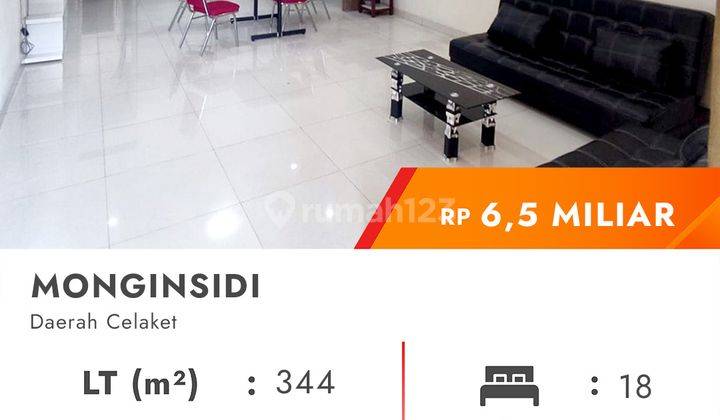 Rumah KOST EKSKLUSIF Di Monginsidi (Celaket) Full Penghuni Dan Full Furnished 

+ Luas tanah: 344 m²

+ Sertifikat SHM

+ Luas bangunan: 500 m²

+ Jumlah lantai: 2 lantai

+ Jumlah kamar: 18 Kamar Tidur, Semuanya Dengan Kamar Mandi dalam.

+ Hadap Utara

 2