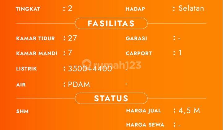 Rumah Kost Putri Full Penghuni Hanya 500meter Dari Pintu Belakang UB

Lokasi Strategis : 

Dekat Pintu Belakang UB

Dekat Kampus ITN

Dekat Kampus UIN

Dekat Mall Dan Pusat Kuliner

Spesifikasi : 

Luas Tanah : 349m²

Luas Bangunan : 500m²

Kamar Tidur :  14