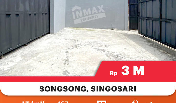Warehouse Ready for Business in the Songsong-Singosari Industrial Area, Container Accessspecifications: Land Area: 487M²Dimensions: 19 X 24Building Area: 477M²Bathroom: 1Electricity: 3500 WattWater: SourceOrientation: EastSHMPrice 3 M Negotiable
