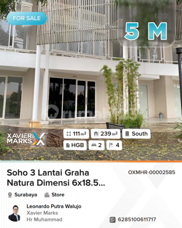 Soho Graha Natura 3 Lantai Dimensi6x18.5 Meter Ada 2 Kamar dan 4 Kamar Mandi